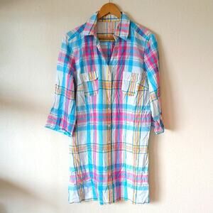 Victoria's Secret Plaid Button Down Shirt Dress White With Pink And Blue